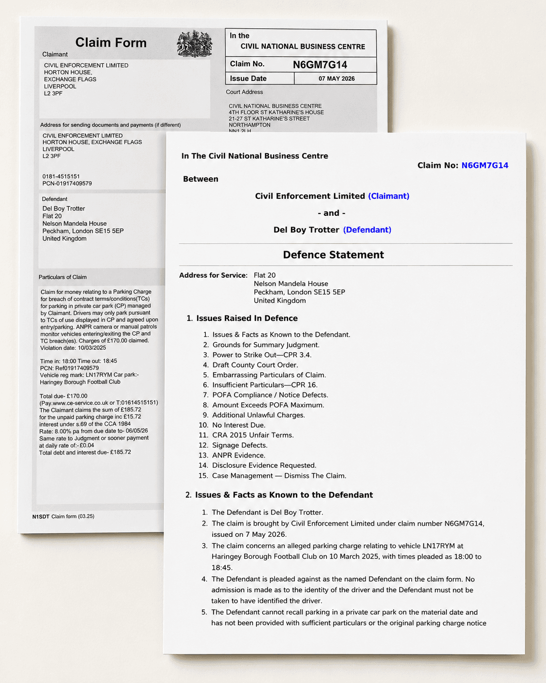 County court claim form and professional defence statement