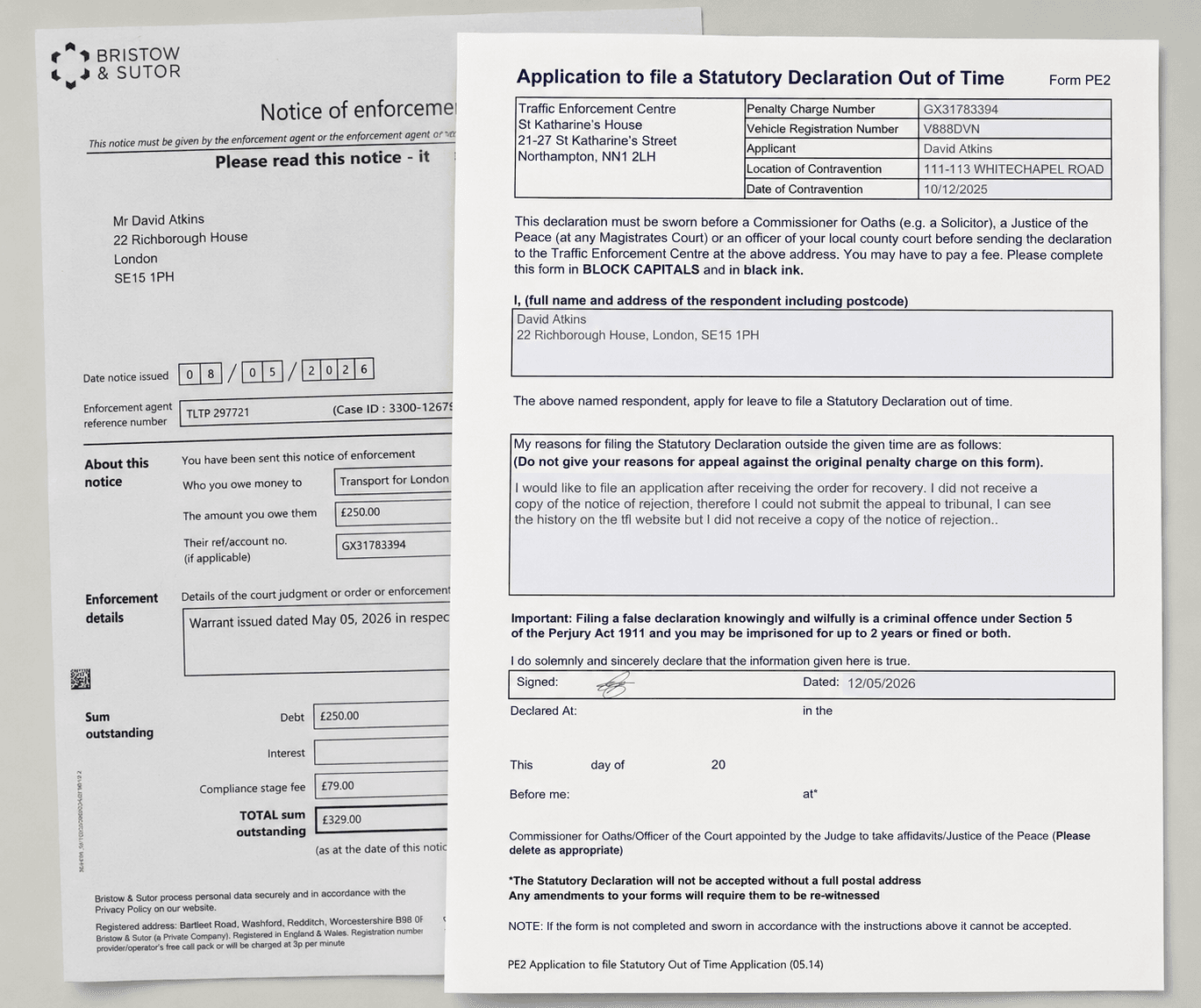 Bailiff enforcement notice and statutory declaration PE2