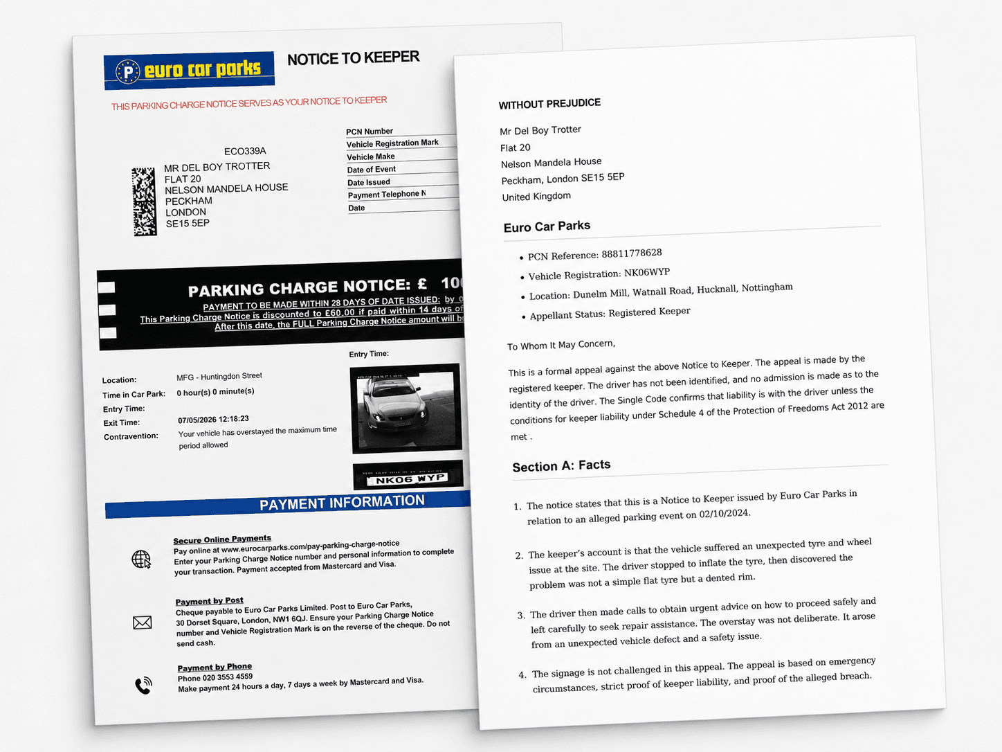Parking Mate UK appeal pack showing upload, appeal document, and submission steps