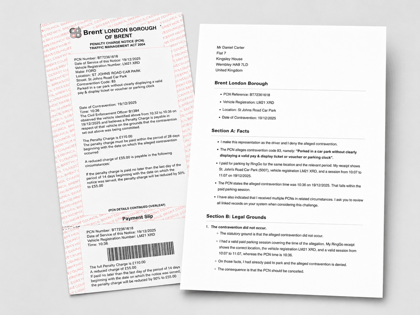 Council windscreen PCN and representation letter