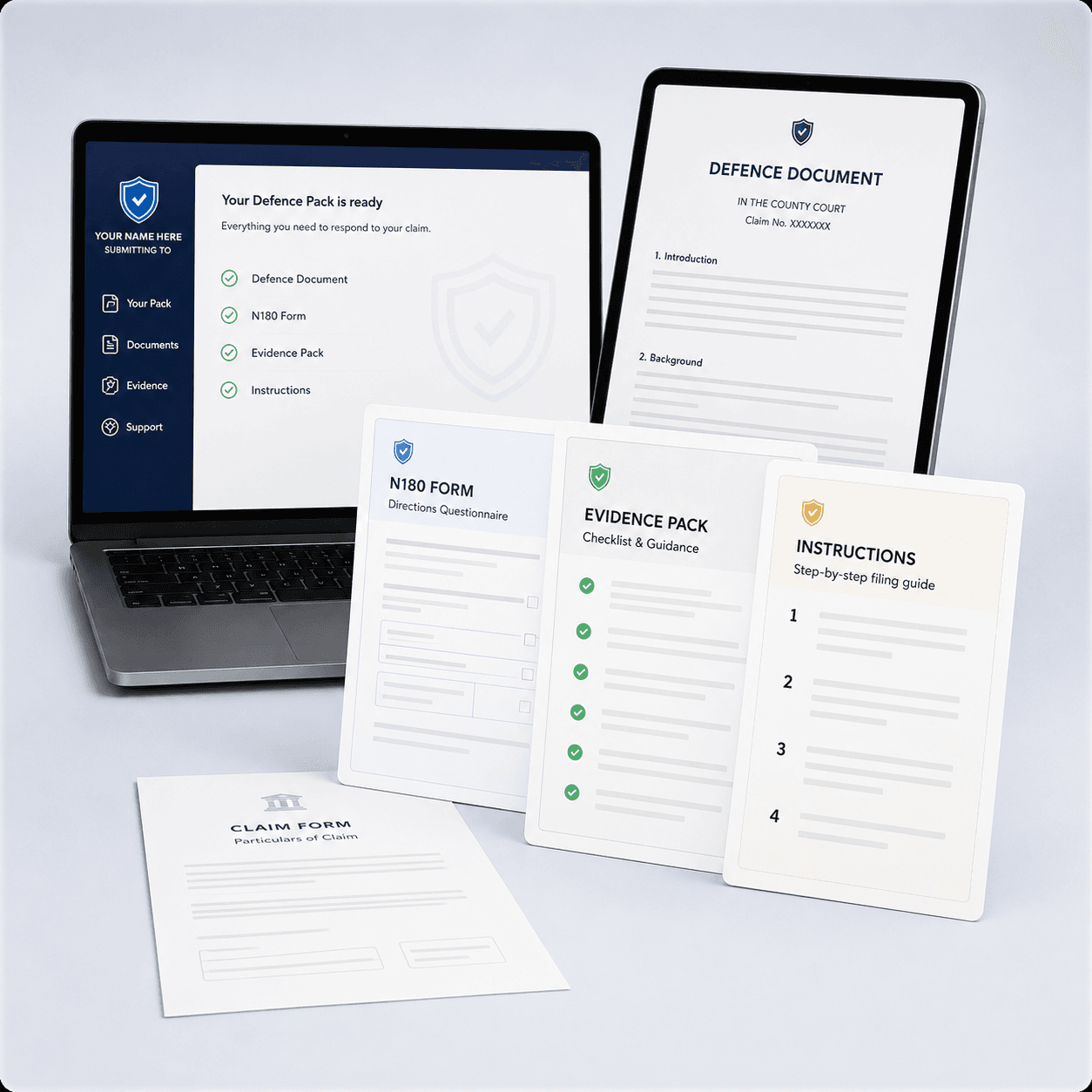 Parking Court Defence pack showing defence document, N180 form, evidence pack, and filing instructions