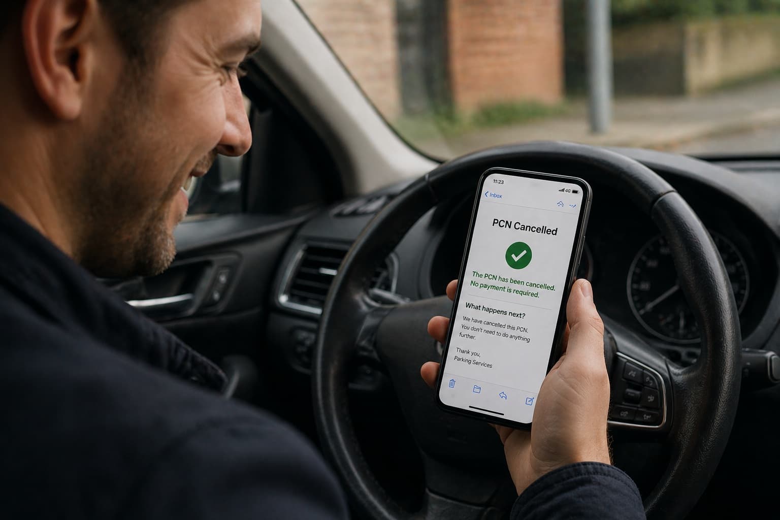 Driver viewing a cancelled PCN result on a phone