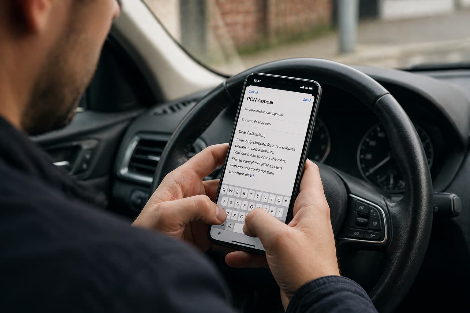 A driver writing a mitigation based PCN appeal on a phone