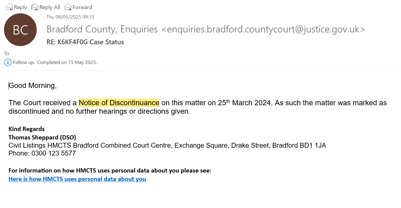 Bradford court claim discontinued proof