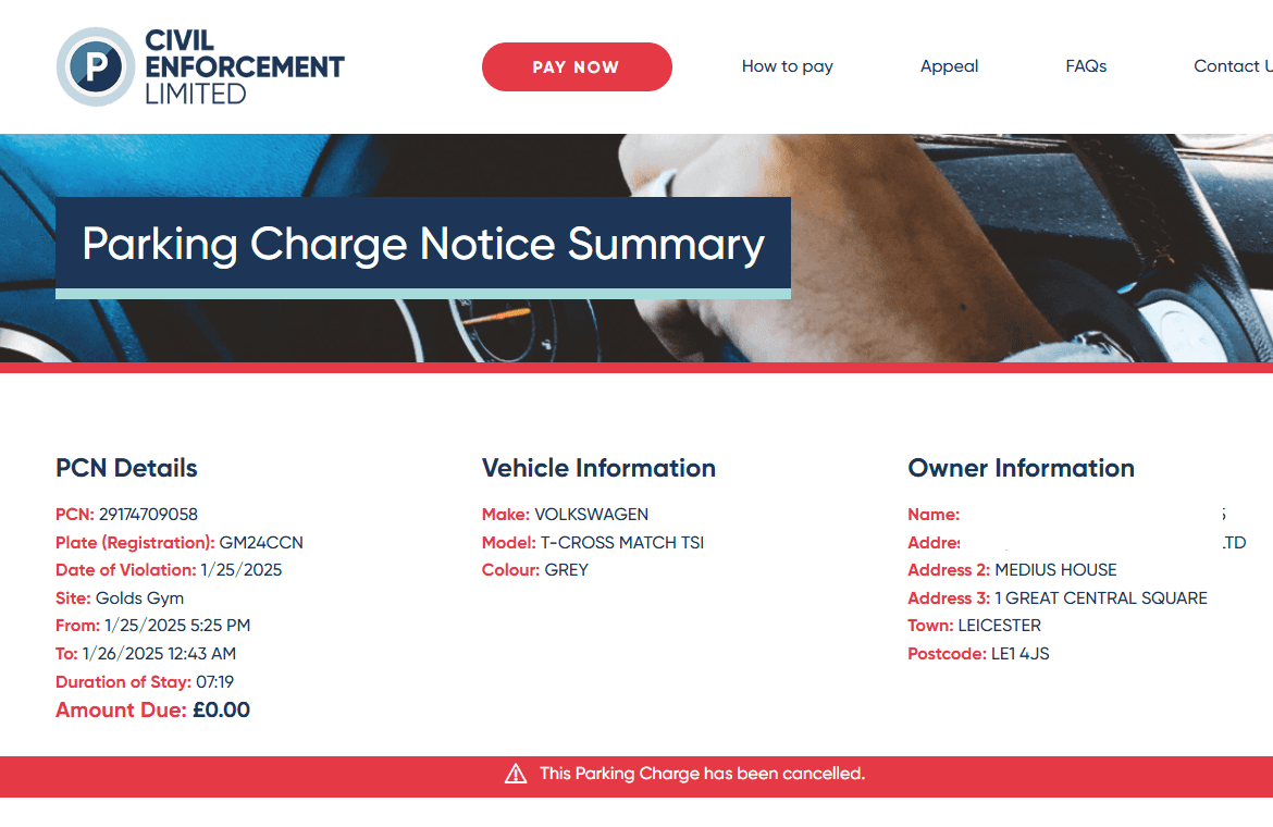 Civil Enforcement parking ticket cancelled proof