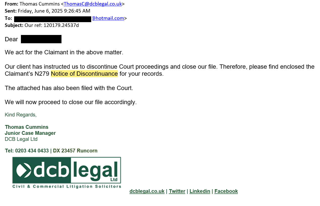 DCB court claim discontinued proof