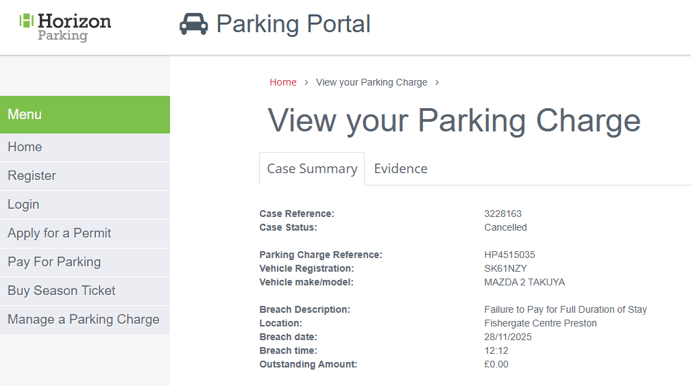 Horizon Parking ticket cancelled proof