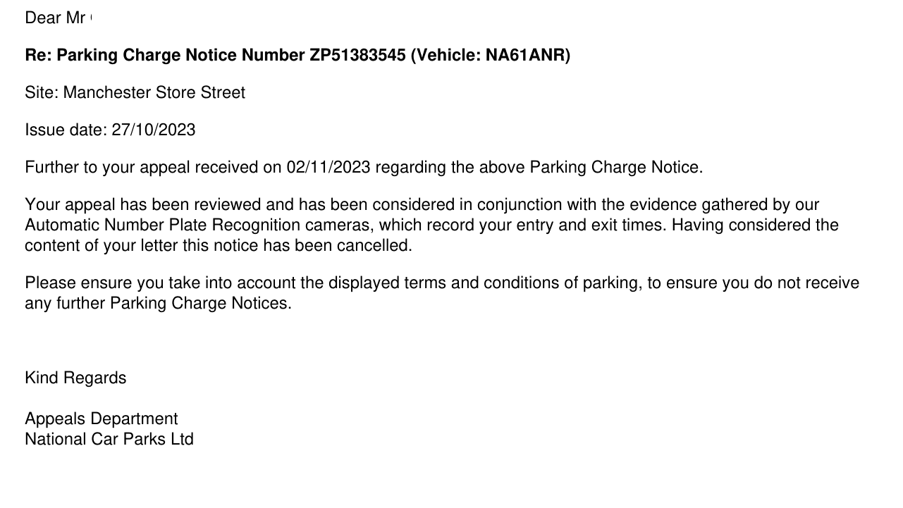 NCP parking ticket cancelled proof