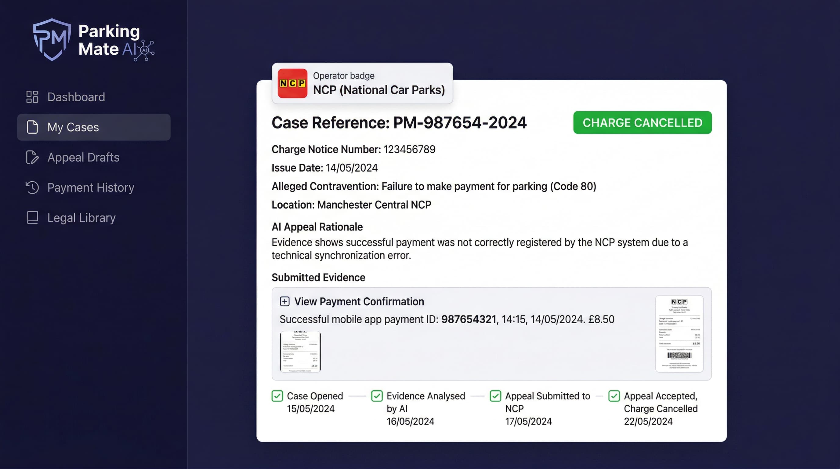 NCP Payment Not Registered. Parking Charge Cancelled