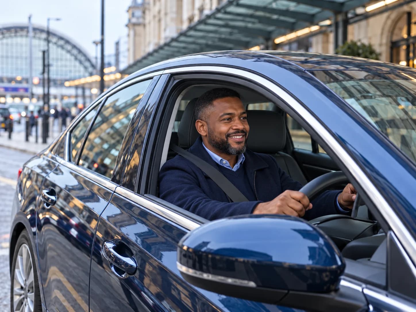A male private hire driver seated inside his car