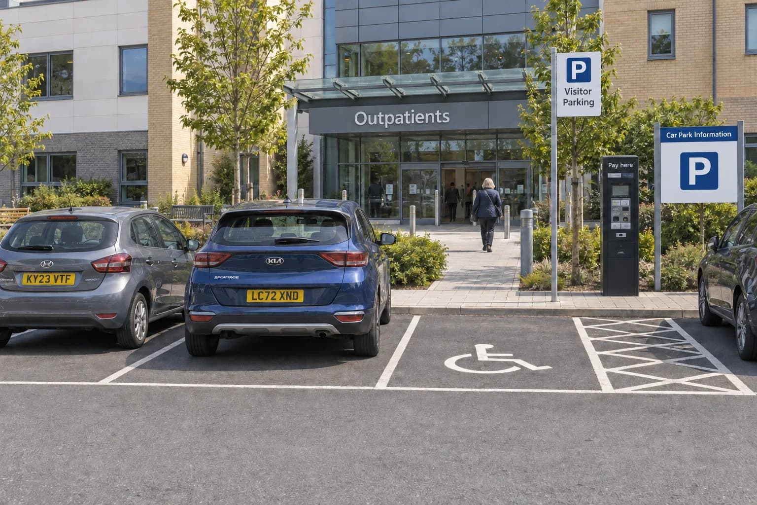 NHS hospital car park with accessible bays monitored by Parkingeye