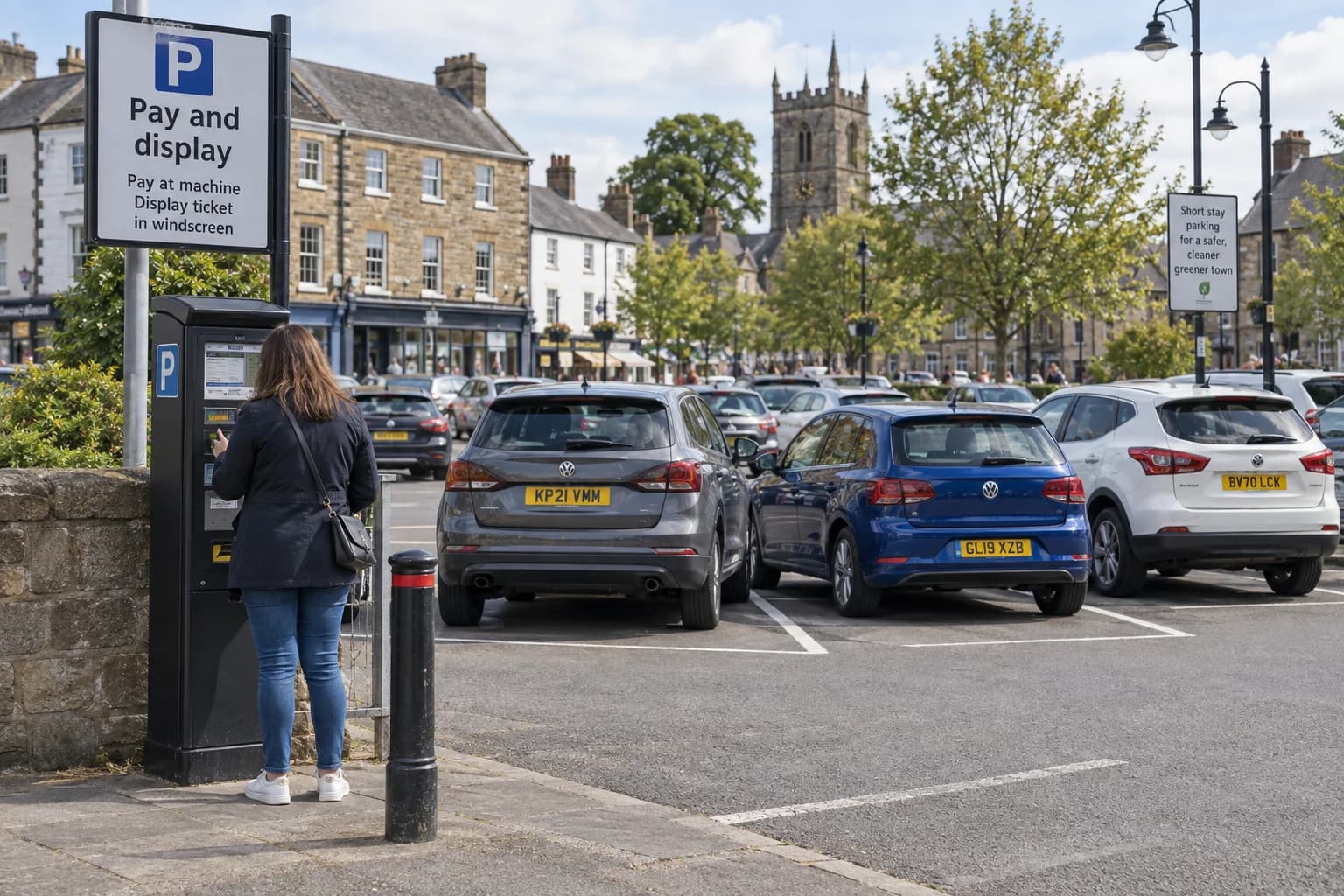 Pay-and-display car park with marked bays and a payment machine