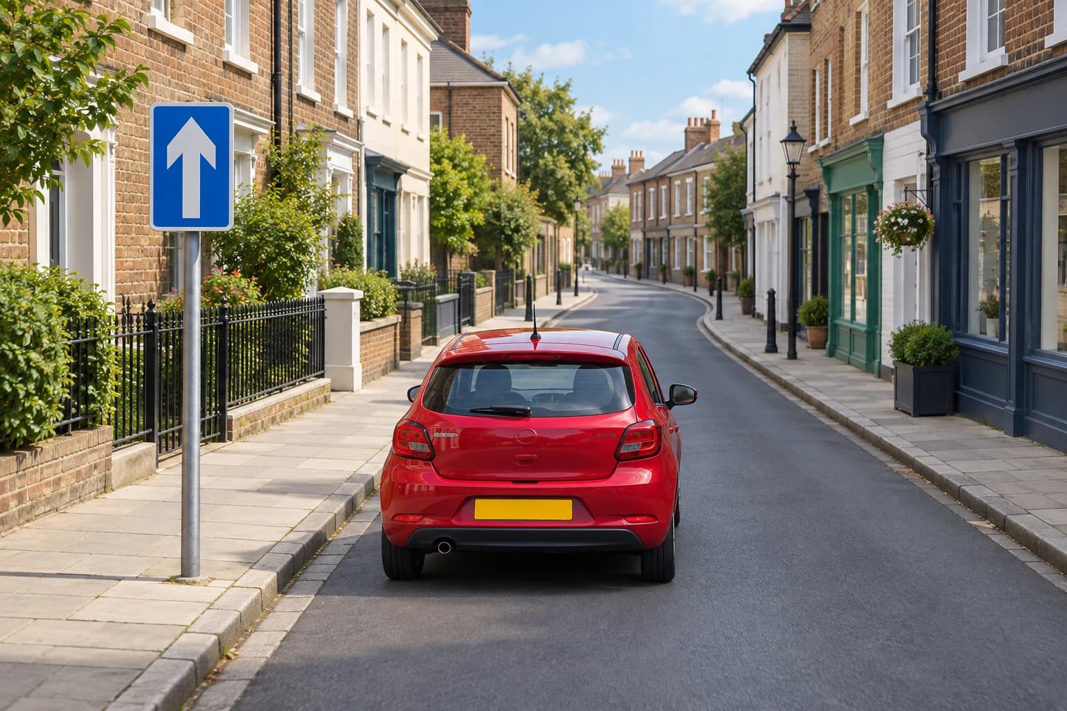 Illustrative red car travelling in the permitted direction beside a front-facing rectangular blue one-way sign