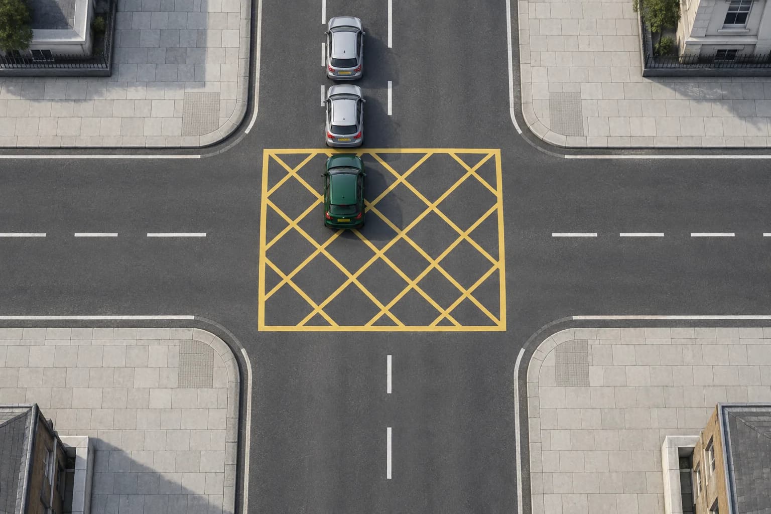 Illustration of a green car stopped inside a yellow box behind a queue blocking its exit