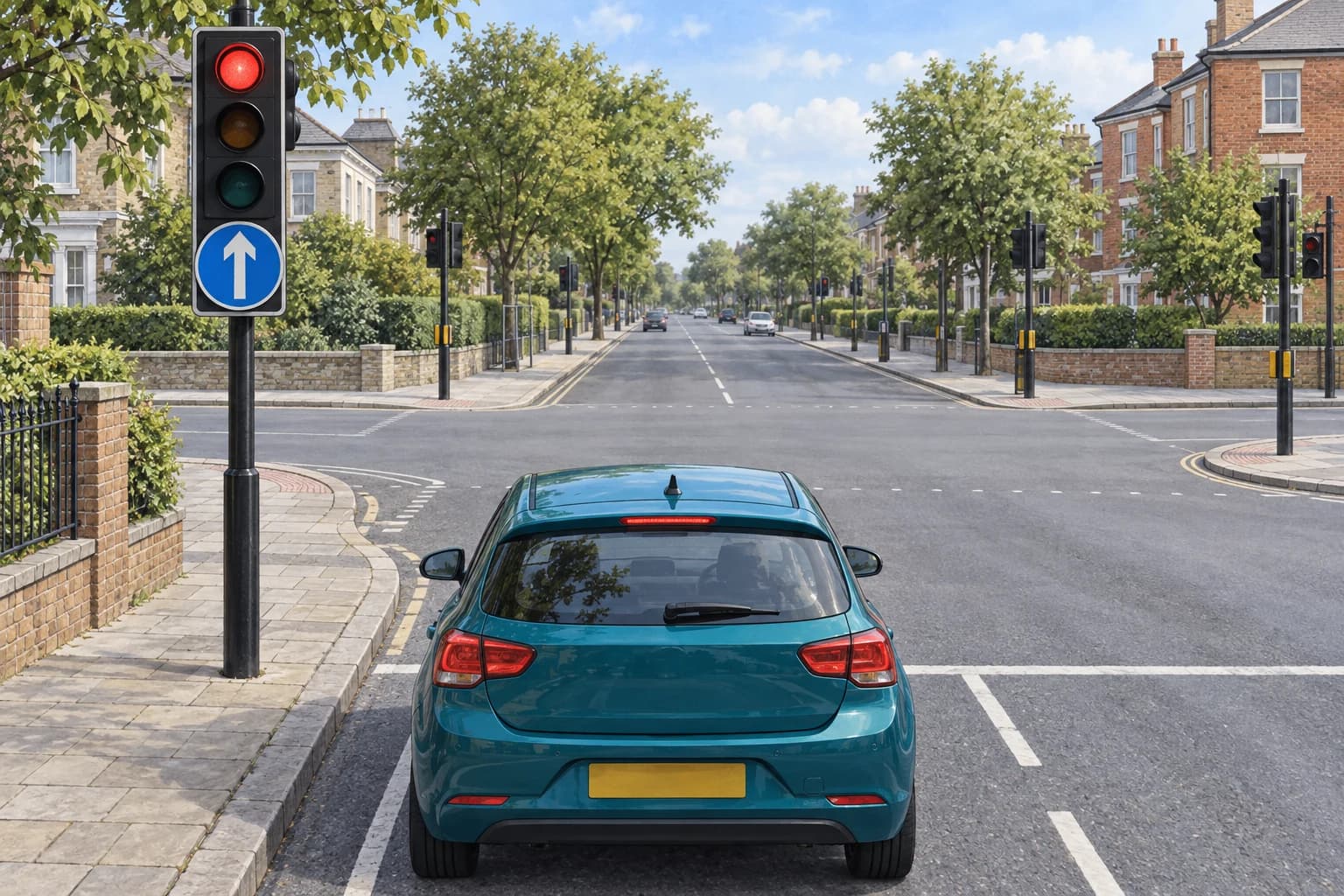 Illustrated car waiting before a crossroads beside a blue ahead-only arrow beneath a traffic signal
