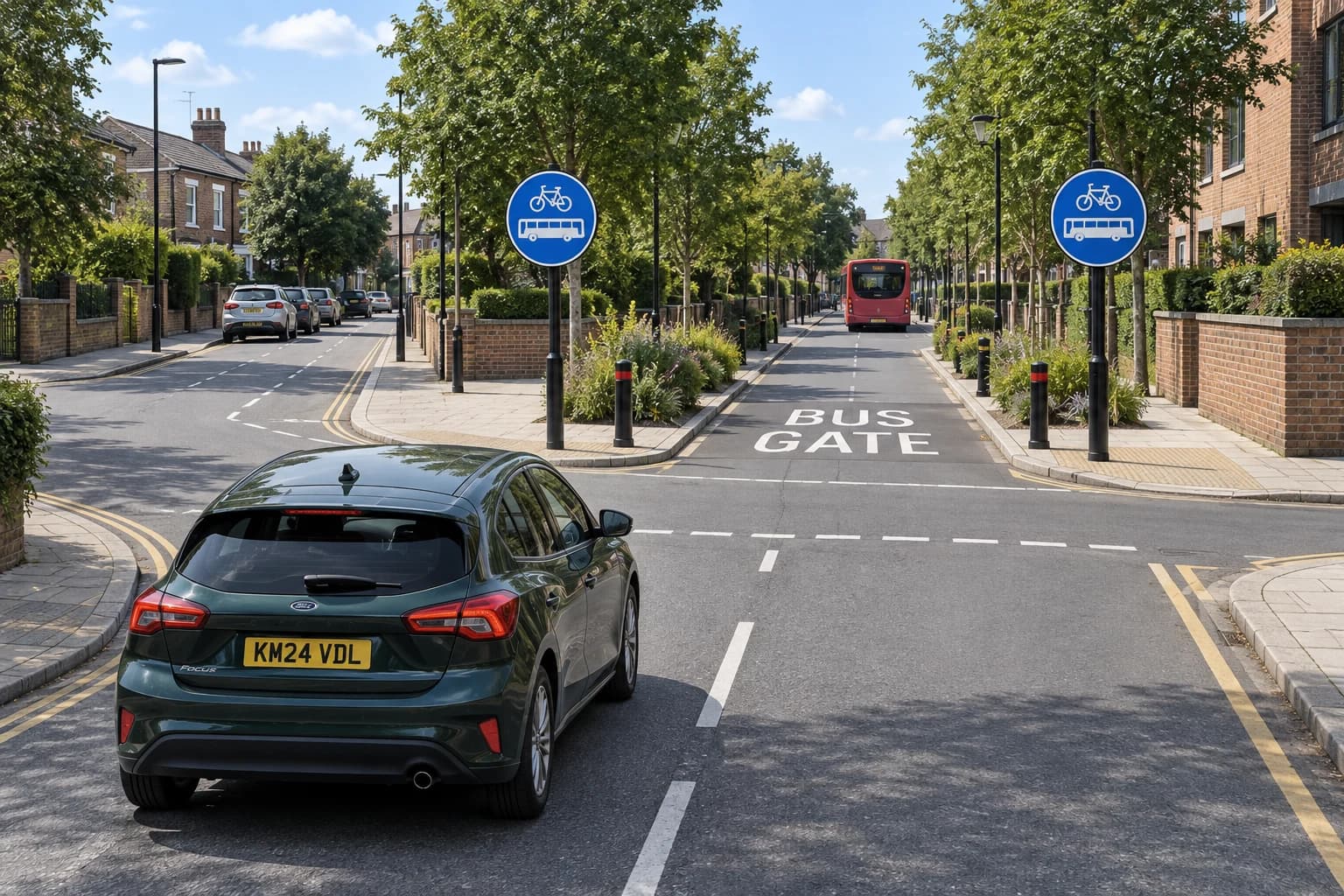 Illustrated car approaching a bus-and-cycle gate with visible blue signs and an alternative side road
