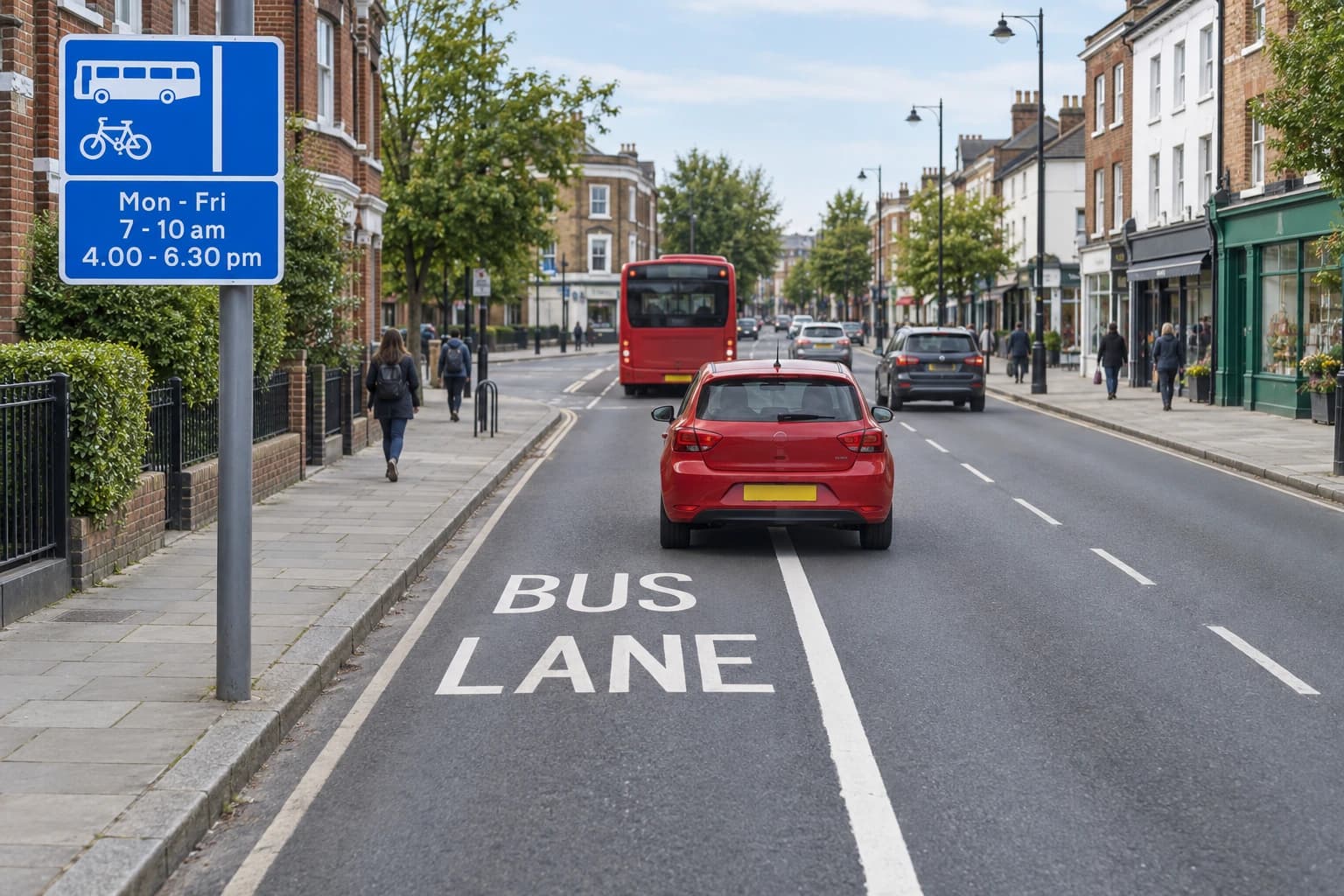 Illustrated car crossing a solid bus-lane boundary beside a front-facing blue bus-and-cycle sign with weekday operating hours