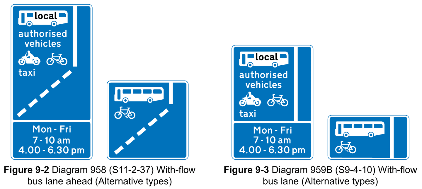 Official diagram 958 advance bus-lane signs and diagram 959B bus-lane signs, showing alternative vehicle permissions and time panels