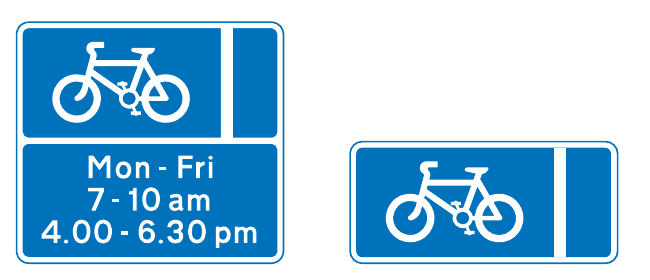 Official diagram 959.1 mandatory with-flow cycle lane sign, showing timed and all-day variants