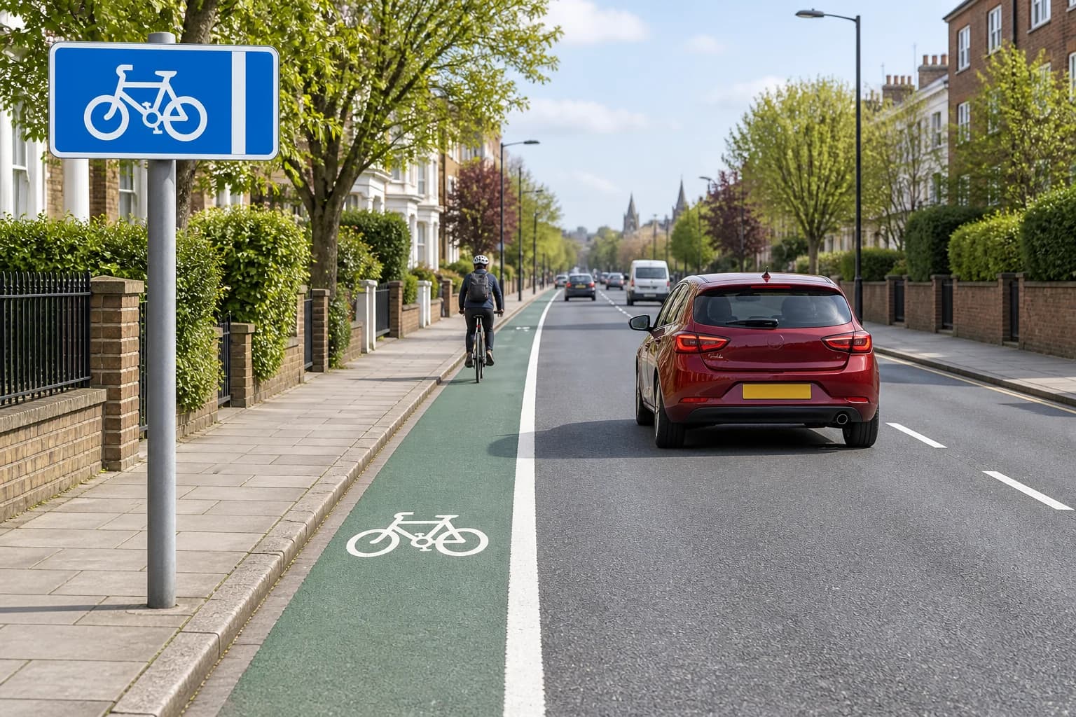 Illustrated mandatory cycle lane with a continuous white boundary and front-facing blue rectangular cycle lane sign, with a car remaining outside the lane
