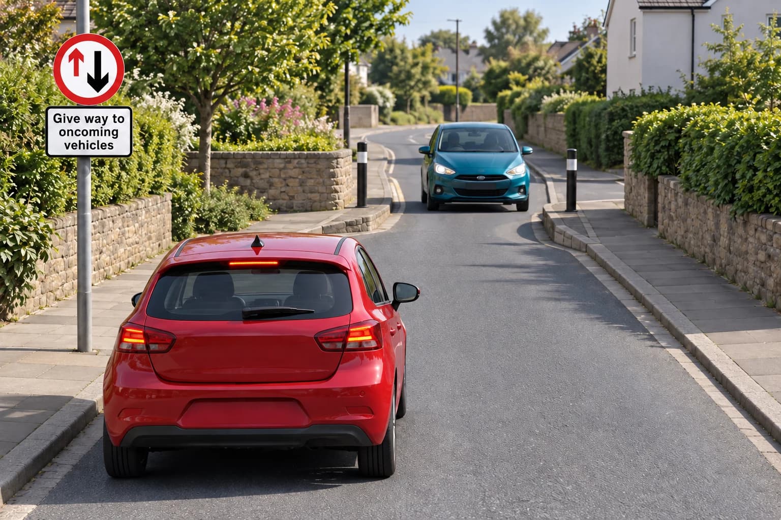 Illustrated red car waiting near a priority sign while an oncoming teal car passes through a short road narrowing