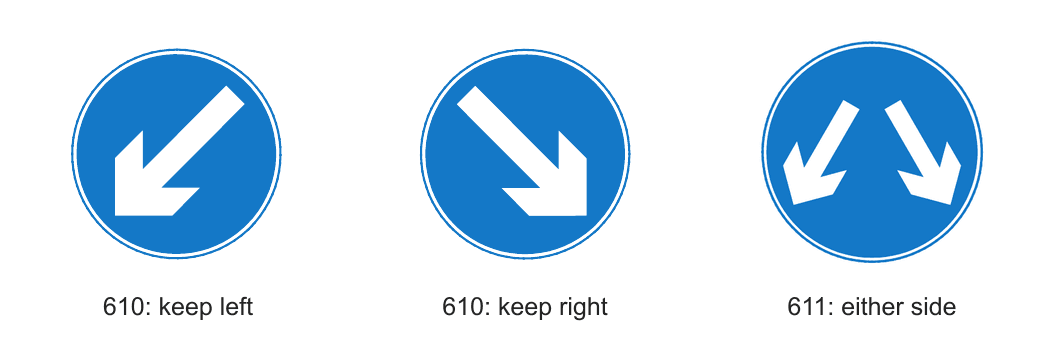 Official diagram 610 keep-left and keep-right arrows beside diagram 611 with two arrows permitting passage on either side