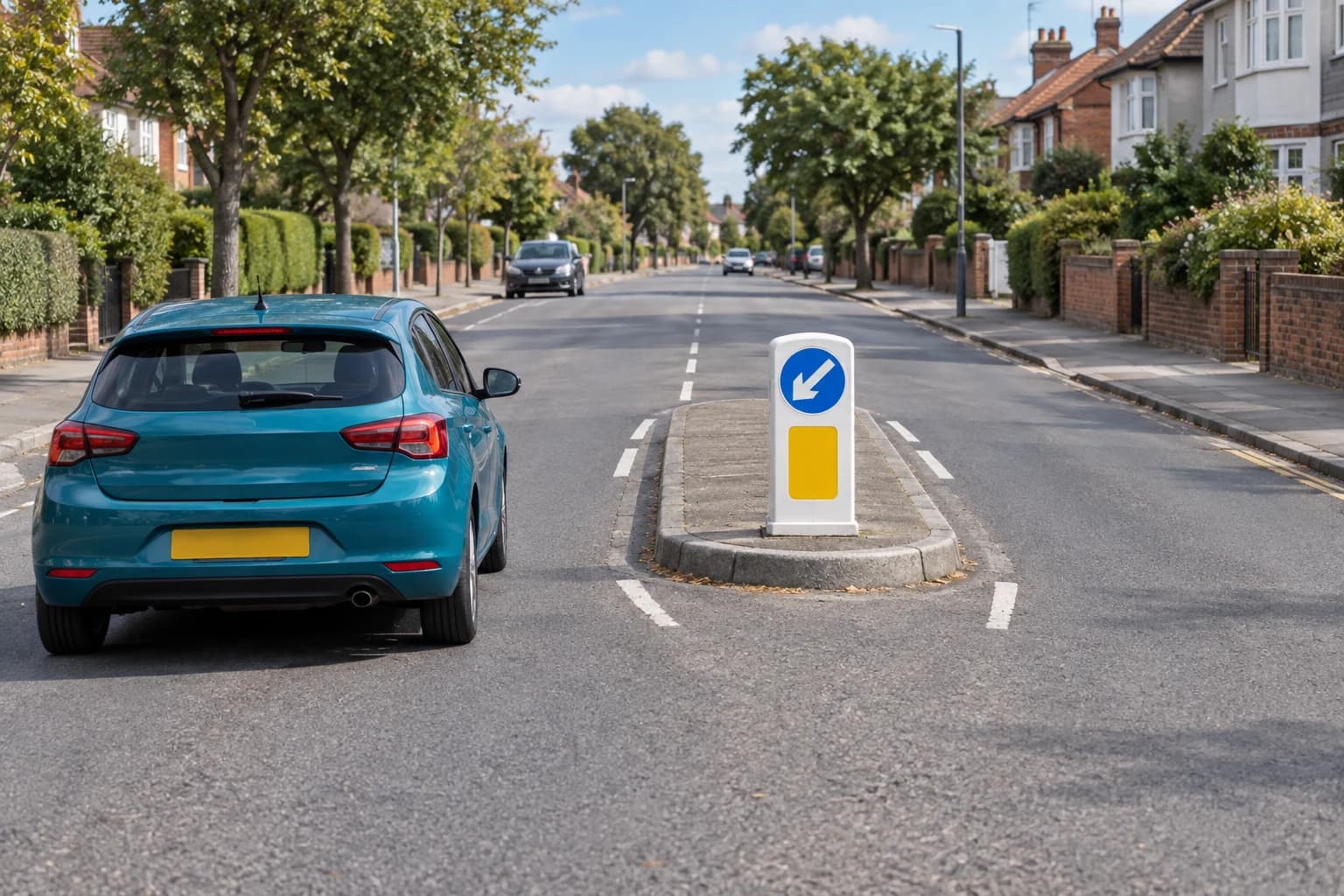 Illustrated car approaching the left side of a traffic island with the front of a blue keep-left arrow clearly visible