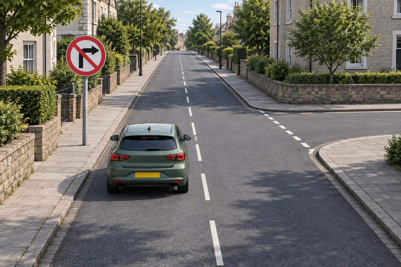 Illustration of a driver approaching a junction with a no-right-turn sign on the left pavement