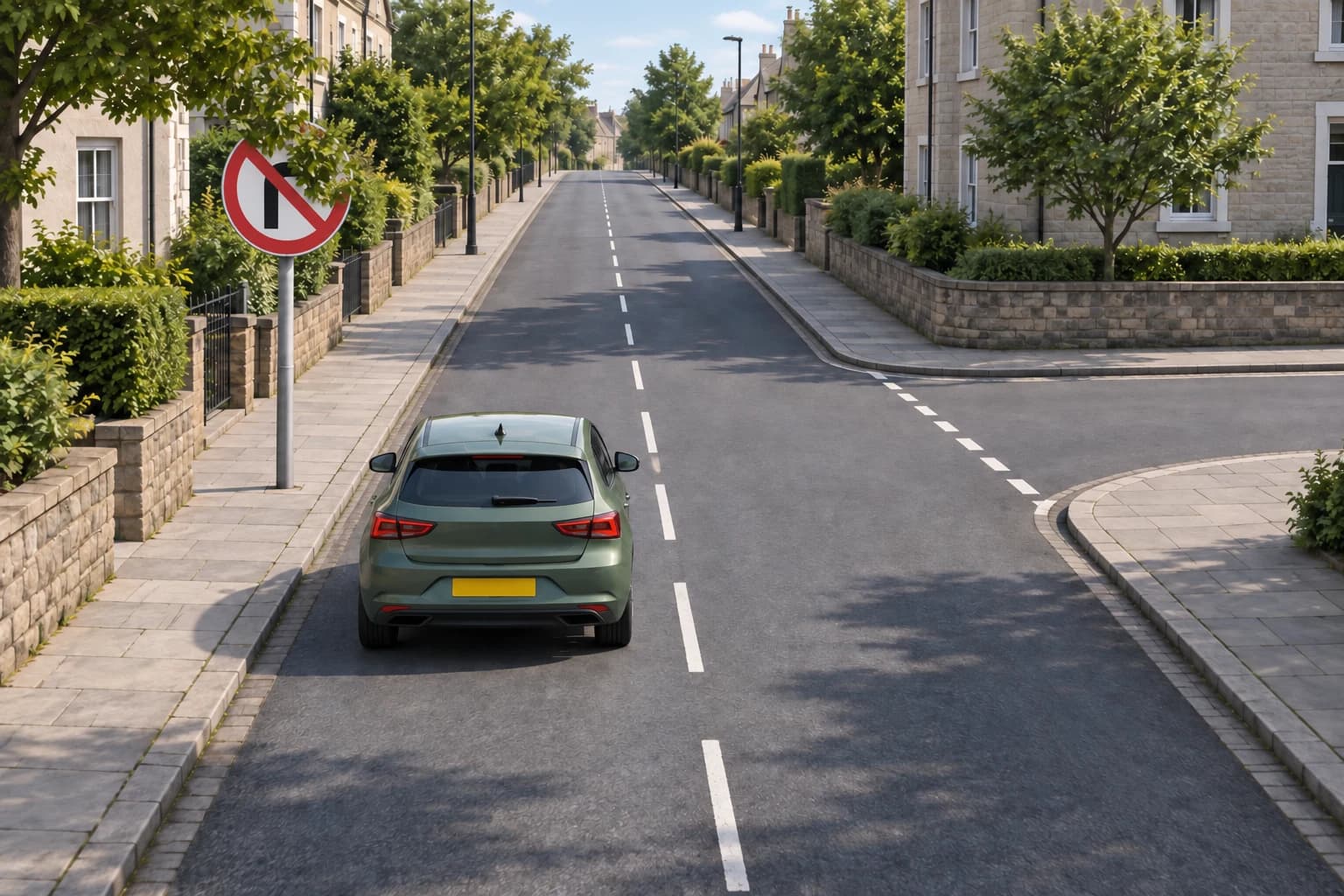 The same illustrative junction with foliage covering part of the no-right-turn sign.