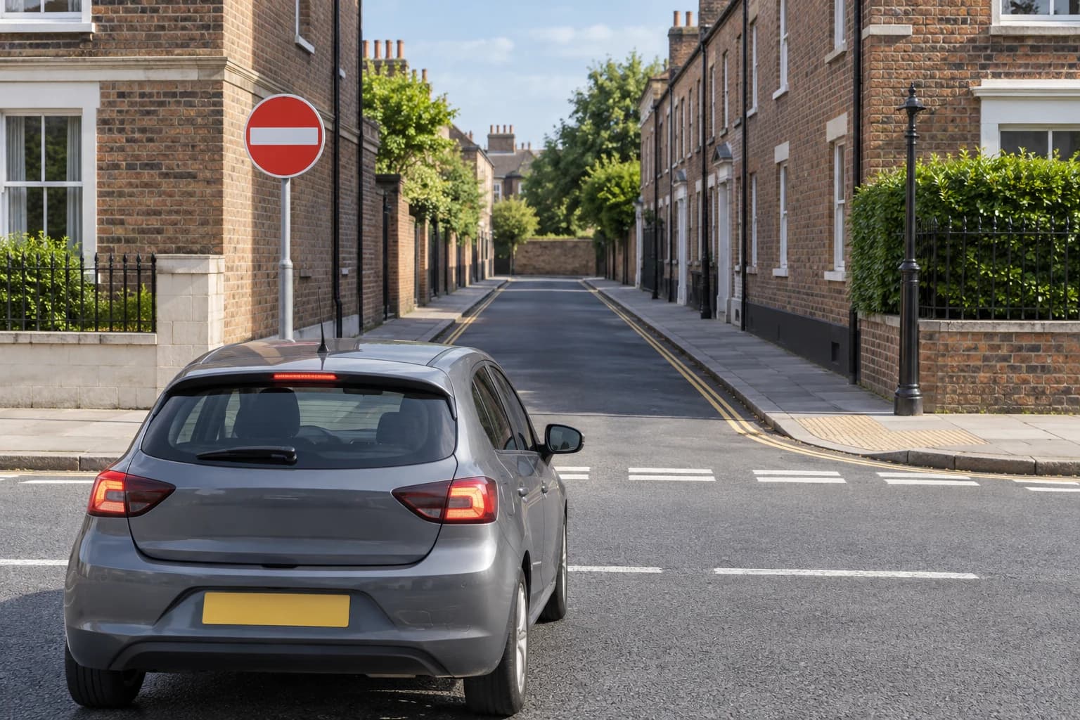 Illustrative car approaching a British side-street entrance with a red no-entry sign facing the driver