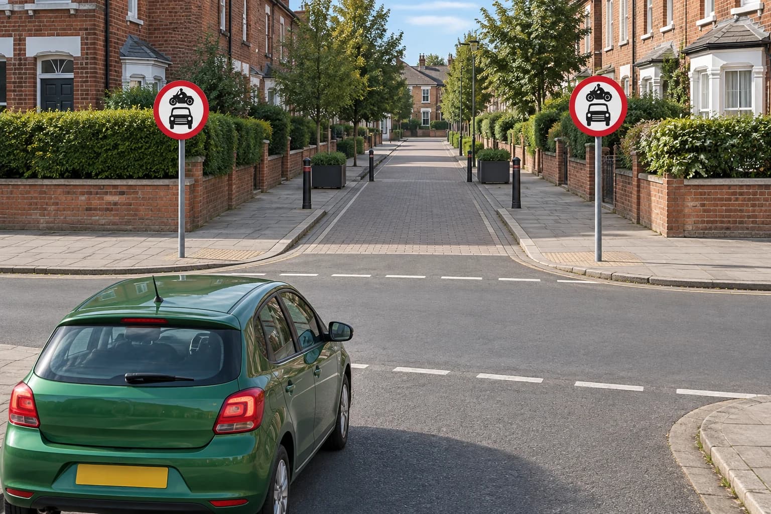 Illustrated car approaching a road entrance with visible no-motor-vehicles signs