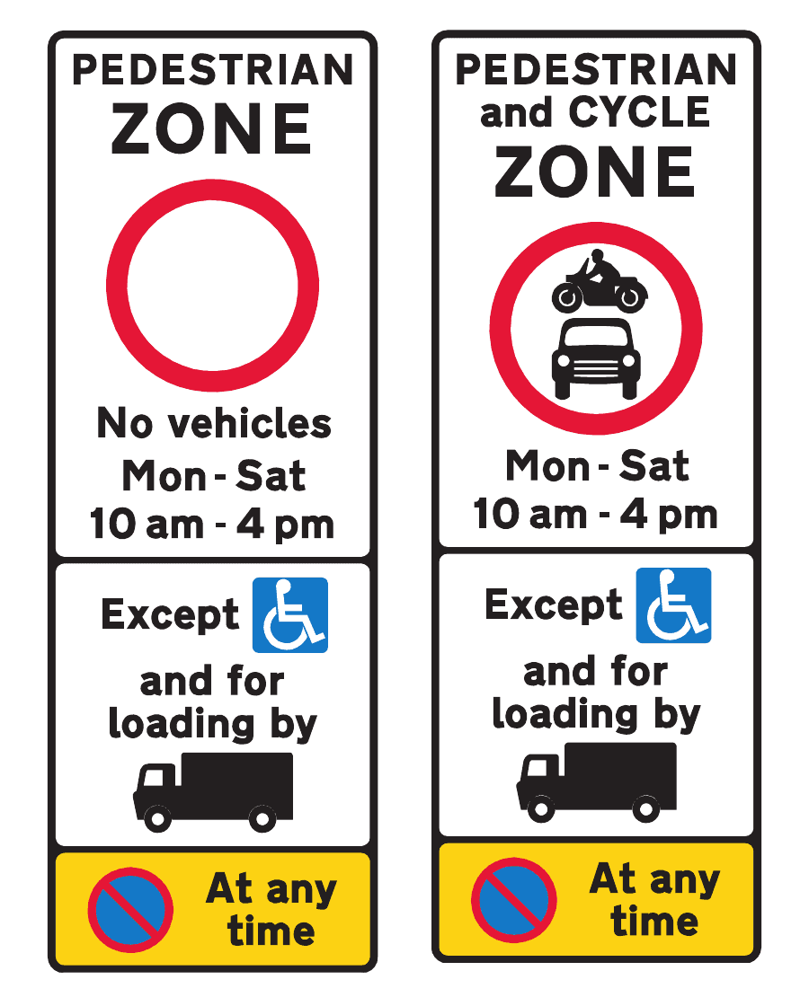 Official diagram 618.3B pedestrian-zone entry sign on the left and diagram 618.3C pedestrian-and-cycle-zone entry sign on the right