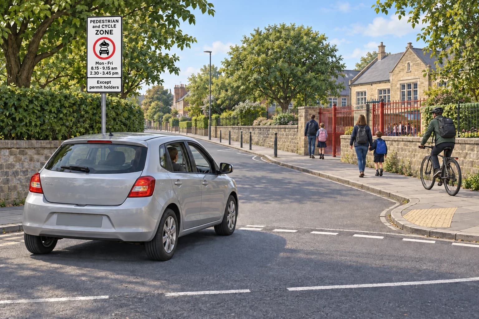 Car approaching a School Street with a front-facing pedestrian-and-cycle-zone sign showing weekday entry restrictions and a permit-holder exception