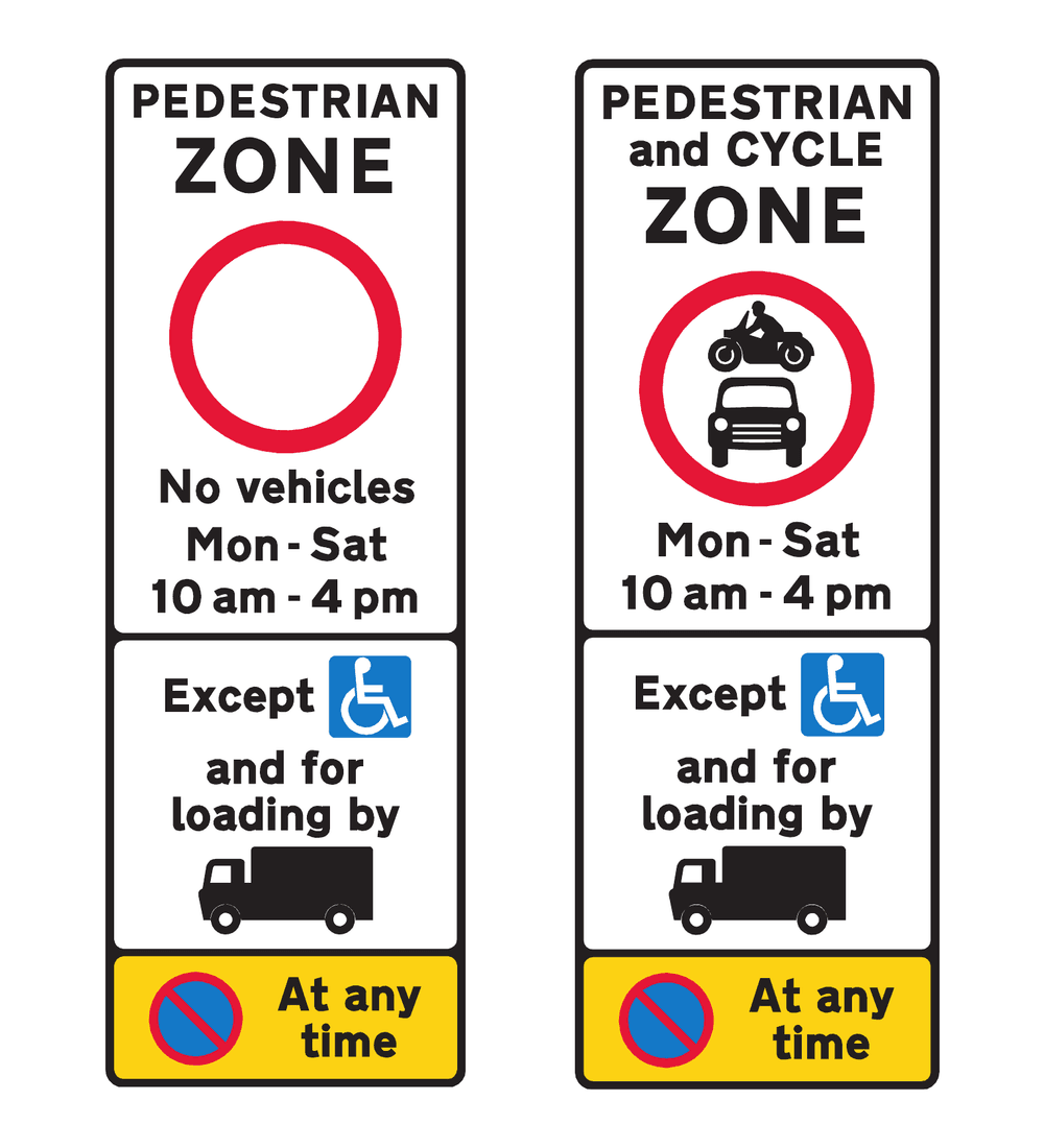 Official diagrams 618.3B and 618.3C with separate entry times, disabled badge and goods-vehicle loading exceptions, and yellow no-waiting panels