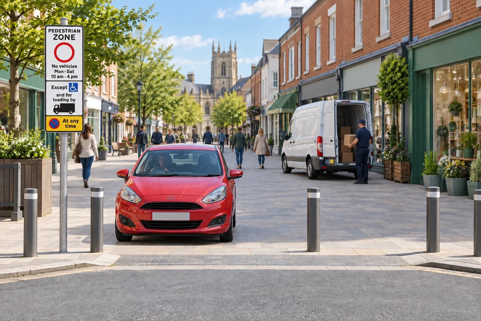 Front-facing pedestrian-zone sign with entry hours, disabled-badge and loading exceptions, and a separate yellow no-waiting panel beside a car and delivery van