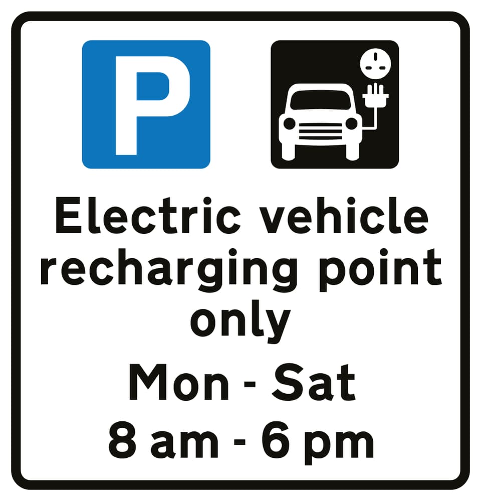 Example electric-vehicle recharging-point sign with a car-and-plug symbol and operating times