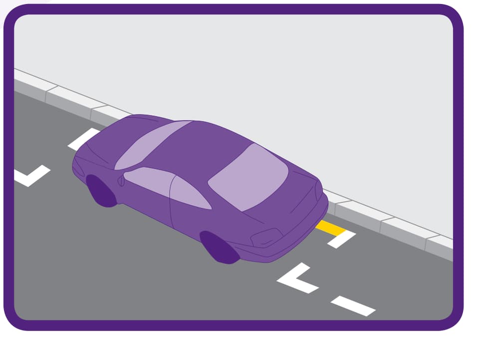 Handbook illustration of a vehicle beside a yellow line within a marked parking place