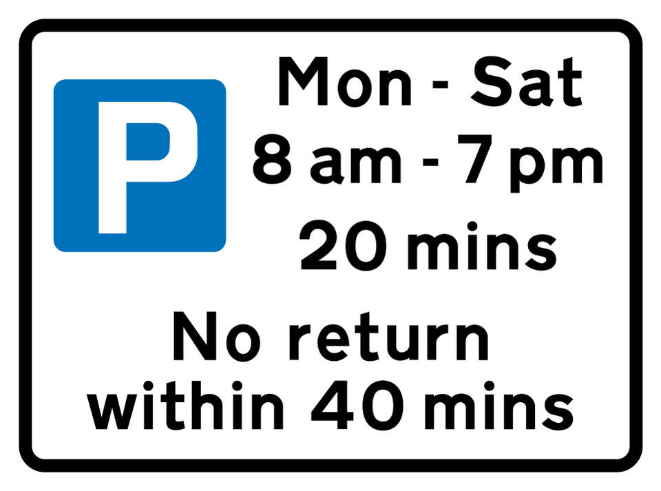 Example parking sign with operating hours, a 20-minute stay and a 40-minute no-return interval