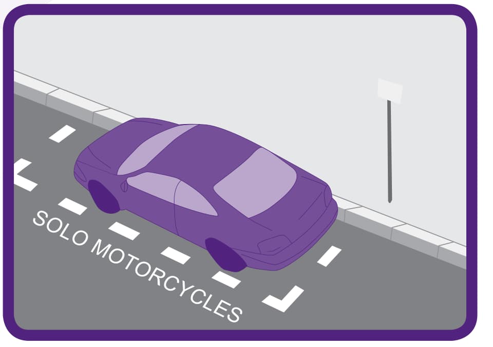 Handbook illustration of a car in a bay marked SOLO MOTORCYCLES