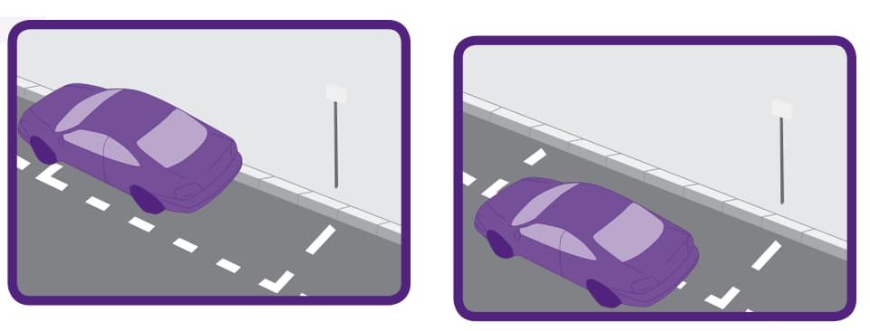 Two source examples showing vehicles extending outside marked parking spaces