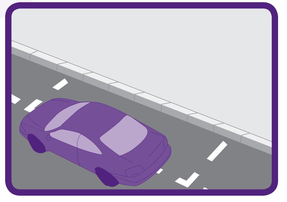 Handbook illustration of a car positioned away from the kerb and outside the marked space
