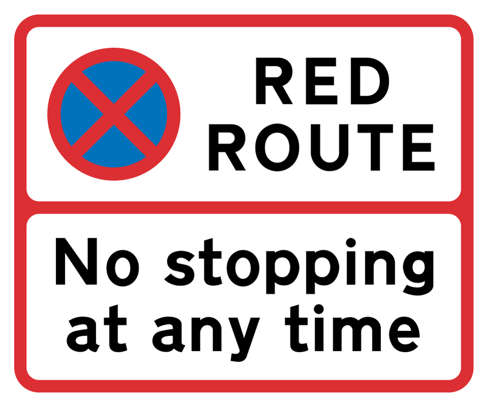 Example red-bordered RED ROUTE sign reading No stopping at any time