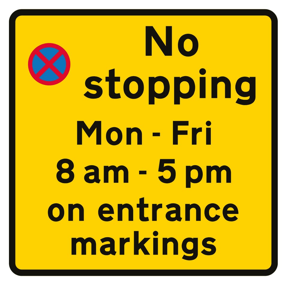 Example yellow no-stopping-on-entrance-markings sign with weekday operating times