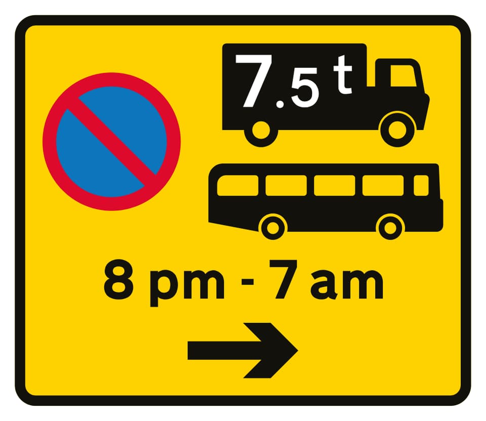 Example yellow waiting-restriction sign with a 7.5-tonne goods-vehicle symbol, a bus symbol and night-time hours