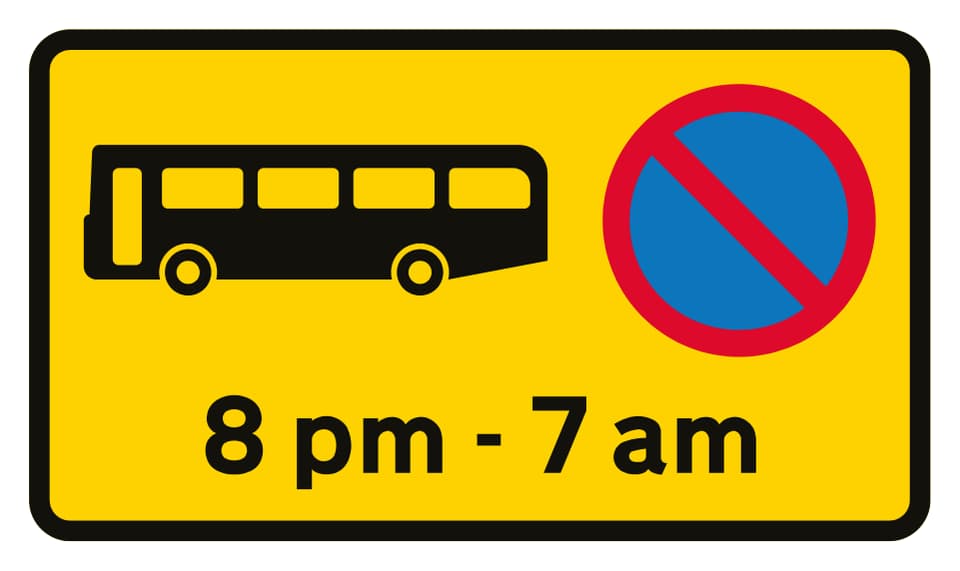 Example yellow waiting-restriction sign with a bus symbol and night-time hours