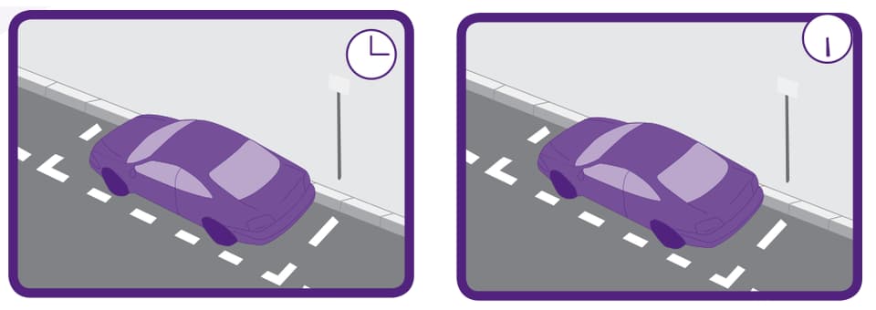 Two handbook views of the same parked car with observation clocks