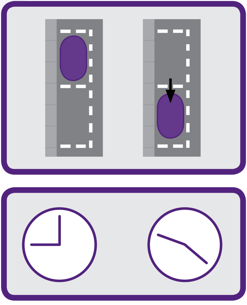 Handbook plan views of a car returning to a parking place, with example clocks