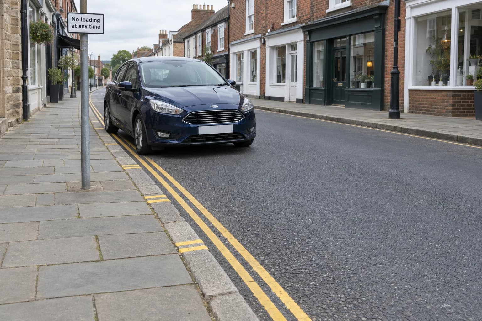 Car beside double yellow road lines, paired yellow kerb marks and a no-loading sign.