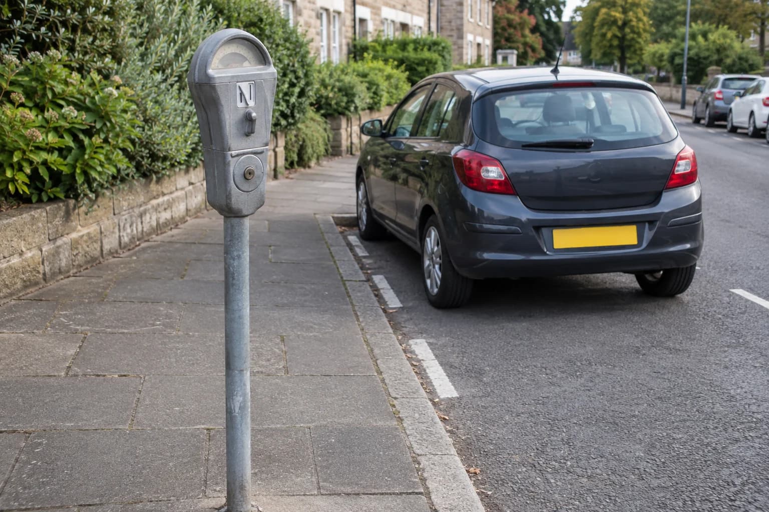 Traditional individual parking meter beside a car in a marked on-street bay.