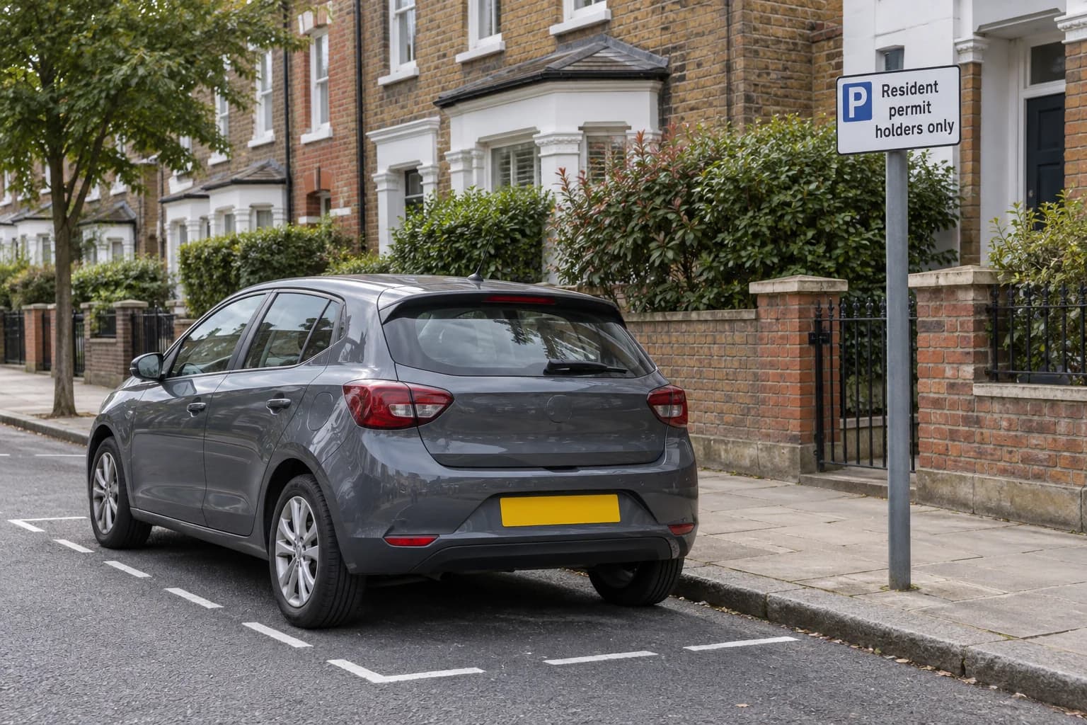 Car in an on-street bay beside a resident-permit-holders-only sign.